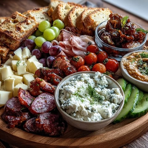 Festive Housewarming Charcuterie Board with Homemade Dips featuring cured meats, cheeses, fresh fruit, and artisan breads for a welcoming spread.