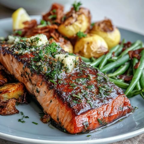 Healthy sheet pan salmon dinner with juicy fillets, golden potatoes, and crunchy green beans, seasoned with zesty lemon and fragrant herbs.
