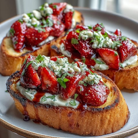 Balsamic Strawberry Bruschetta Toasts: Juicy strawberries and creamy goat cheese on golden toasted bread, drizzled with tangy balsamic glaze.