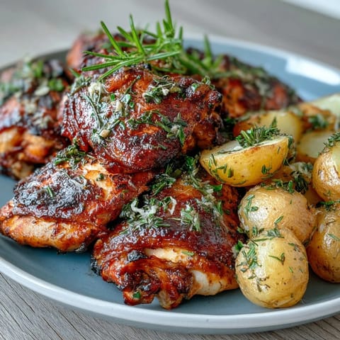 Golden roasted chicken with fresh lemon slices and aromatic herbs, surrounded by tender baby potatoes for a comforting spring dinner.  