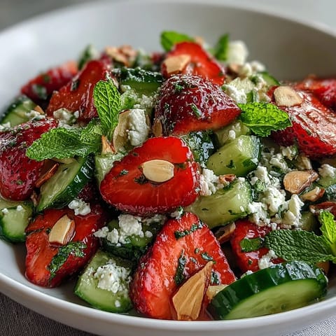 Fresh cucumber and strawberry salad with mint, a vibrant spring dish bursting with crisp textures and sweet-tart flavors.  