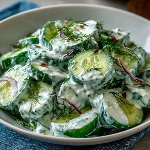 Light and creamy cucumber salad with fresh dill, featuring cool cucumbers and a smooth Greek yogurt dressing, perfect for warm weather