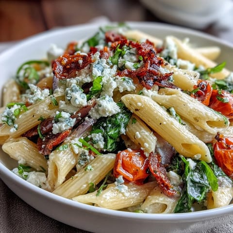 Greek pasta salad with olives and feta, bursting with Mediterranean flavors and fresh vegetables in a tangy red wine dressing.