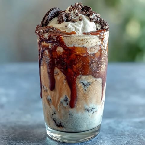 Cookies and Cream Cold Brew with whipped cream and crushed chocolate cookies in two tall glasses.