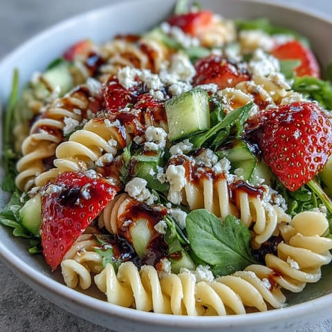 Fresh spring pasta salad with strawberries, feta, and arugula, perfect for a colorful vegetarian lunch.  