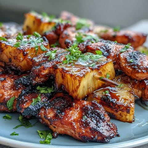 Grilled Pineapple Chicken Skewers with juicy marinated chicken and caramelized pineapple, perfect for summer cookouts.  