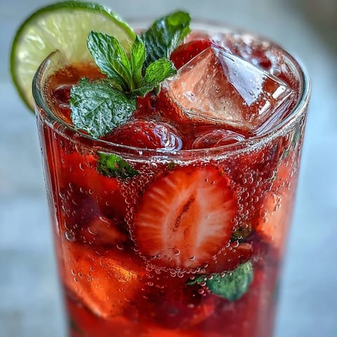 Refreshing strawberry agua fresca with fresh berries, lime juice, and mint garnish served over ice in a clear pitcher.  