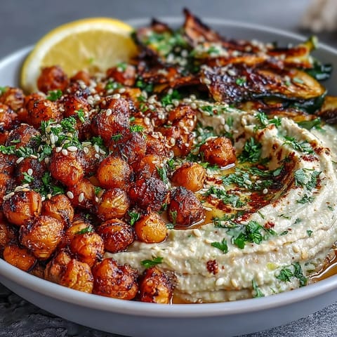 Roasted spiced chickpeas, creamy hummus, and charred bell peppers make these vibrant Crispy Chickpea Bowls irresistible.  