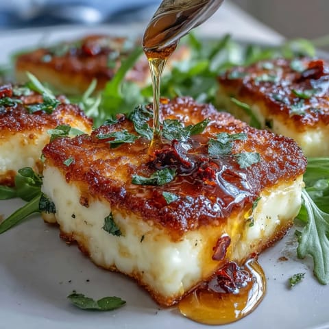 Golden, pan-seared halloumi cheese drizzled with spicy honey, served over fresh arugula with lemon wedges.