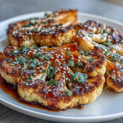 Thick, golden cauliflower steaks glazed with rich teriyaki sauce, served with sesame seeds and scallions for a savory vegetarian main.  