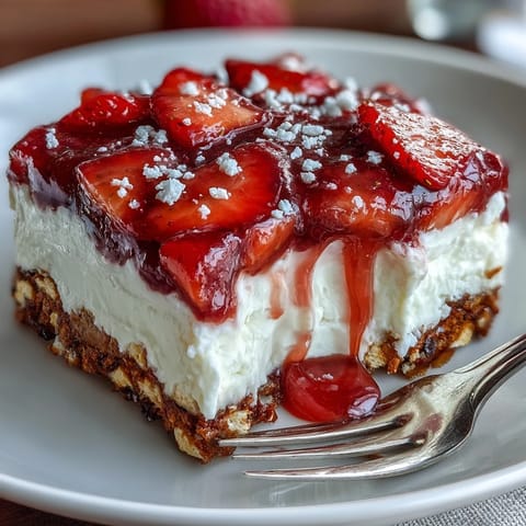Memorial Day Strawberry Pretzel Salad dessert with vibrant red strawberries and creamy white layer.
