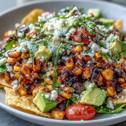 Vibrant grilled corn and black bean taco salad with lime dressing, perfect for summer.