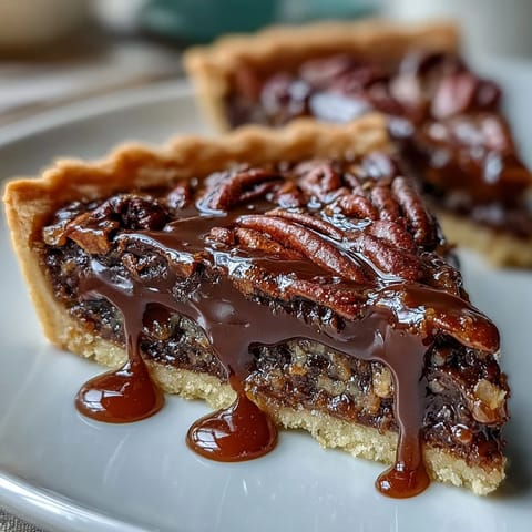 Rich chocolate pecan tart, a sweet Kentucky Derby treat, ready to be sliced.