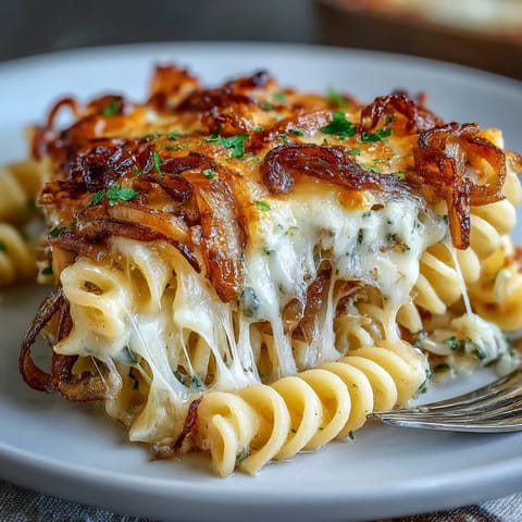 A bubbling French Onion Pasta Bake with caramelized onions and golden Gruyère cheese topping.