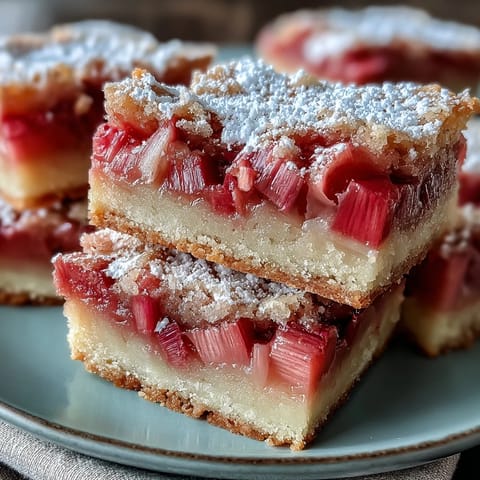 Golden Rhubarb Custard Bars with buttery shortbread crust, baked to perfection.