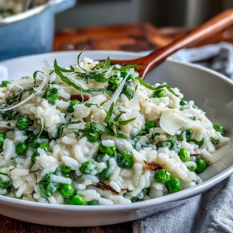 A bowl of creamy spring pea risotto garnished with fresh mint and grated Parmesan, perfect for a vegetarian spring dinner.  