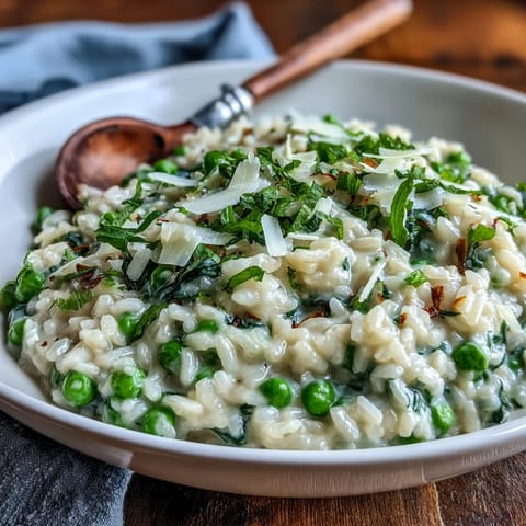 Bright green peas and aromatic mint add freshness to this comforting, slow-simmered Arborio rice dish with Parmesan.  