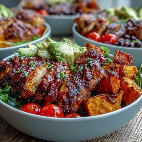 Juicy BBQ chicken meal prep bowls with tender sweet potato and vibrant veggies.