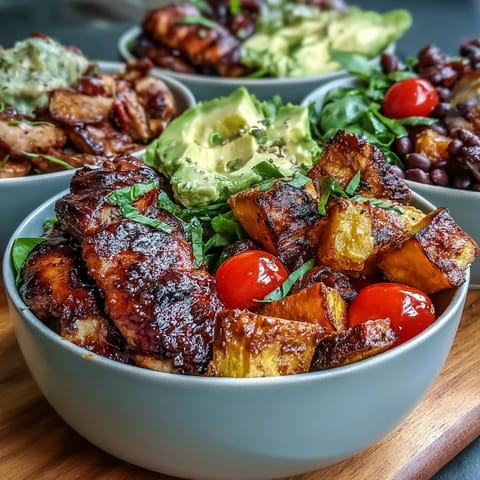 Colorful BBQ chicken meal prep bowls with sweet potato, beans, and corn.