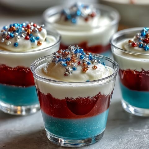 Vibrant alcohol-free 4th of July Firecracker Jello Shots layered with red, white, and blue.