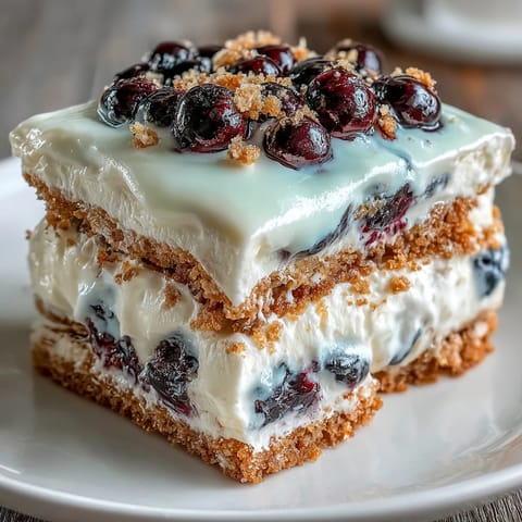 Close-up of a no-bake Lemon Blueberry Icebox Cake ready to serve.