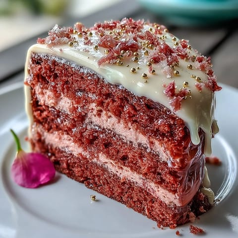 Elegant Bridal Shower Rosé Velvet Cake with glistening gold drip.