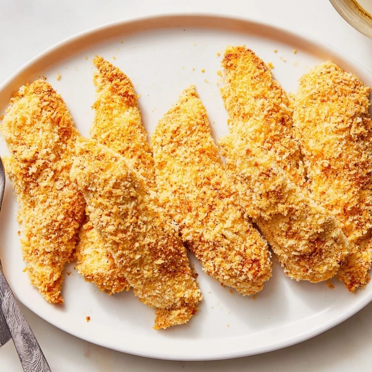 Freshly baked chicken tenders with panko coating, arranged for a family-friendly dinner presentation.