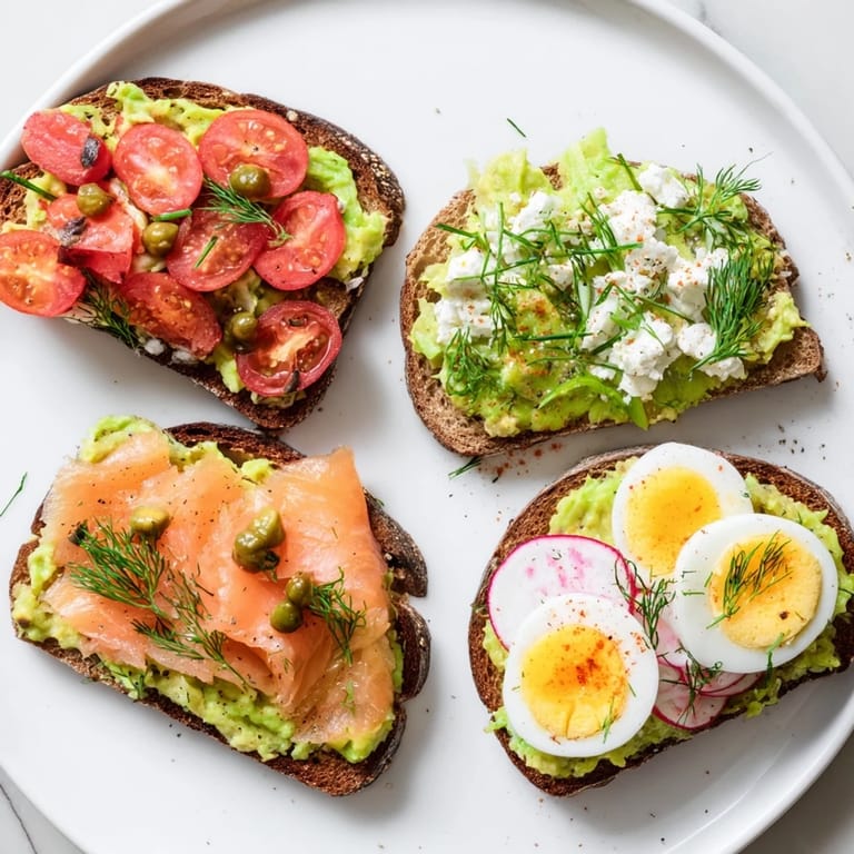 Four colorful variations of avocado toast showcasing fresh ingredients, perfect for a quick lunch.