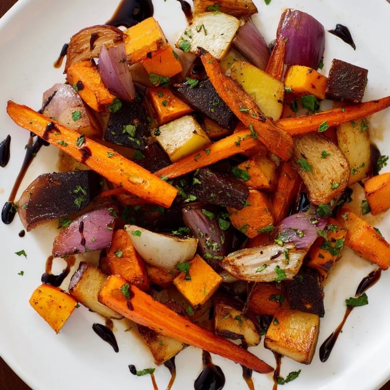 A colorful plate of roasted root vegetable medley, glistening from balsamic glaze, perfect for any season.