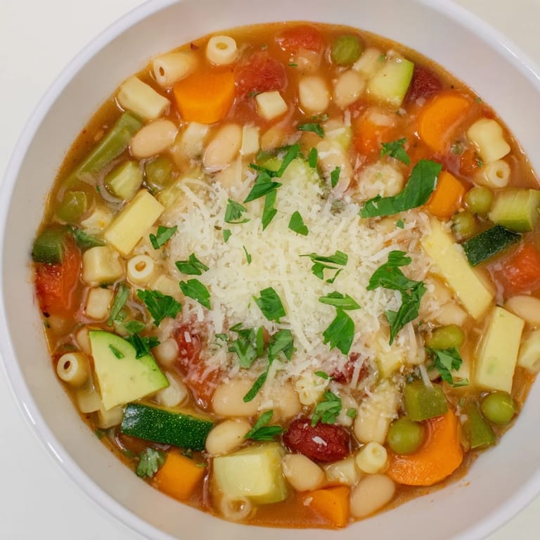 Close-up of a rustic, chunky Simple One-Pot Minestrone Soup, ready to warm you up.