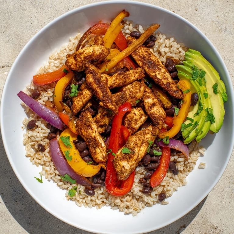 Healthy Make-Ahead Chicken Fajita Meal Prep Bowls with chopped cilantro and creamy avocado for lunch.