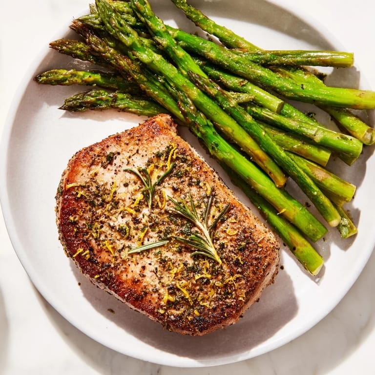 Sizzling One-Pan Lemon Herb Pork Chops surrounded by oven-roasted asparagus, a vibrant, one-pan dinner.