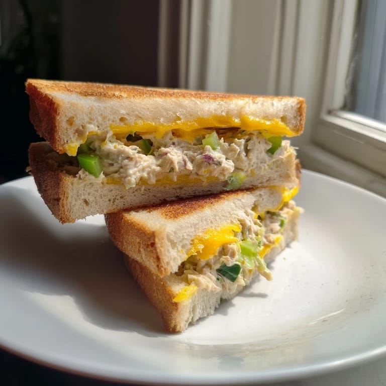 A close-up view of a perfectly grilled Classic Tuna Melt Sandwich, dripping with melted cheese served hot.