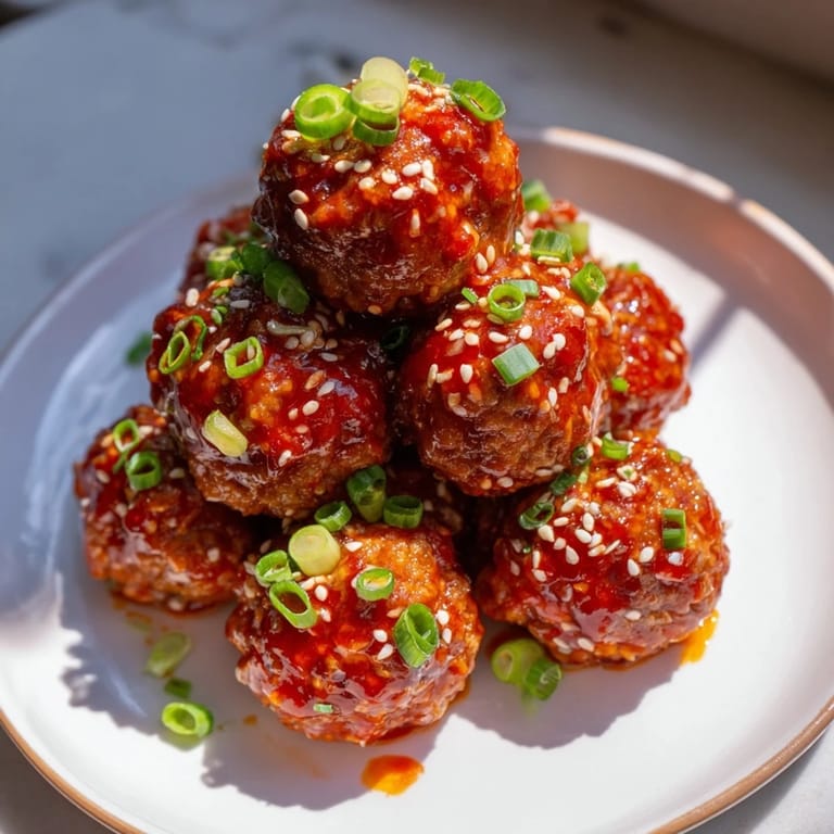 Platter of tender Spicy Sriracha Honey Meatballs, garnished with sesame seeds and green onions.