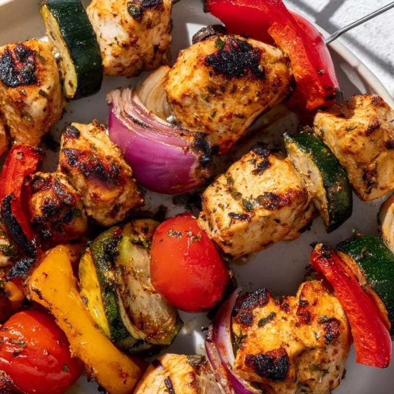 Chicken and Veggie Skewers are a healthy and delicious meal, showing off fresh, grilled ingredients.