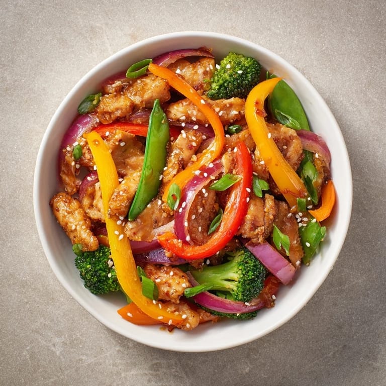 One-pan Sheet Pan Chicken Stir-Fry: a close-up shows cooked chicken and vibrant bell peppers.