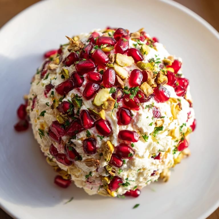 An elegant close-up of The Royal Orb: a festive cheese ball encrusted with pistachios and pomegranate seeds.