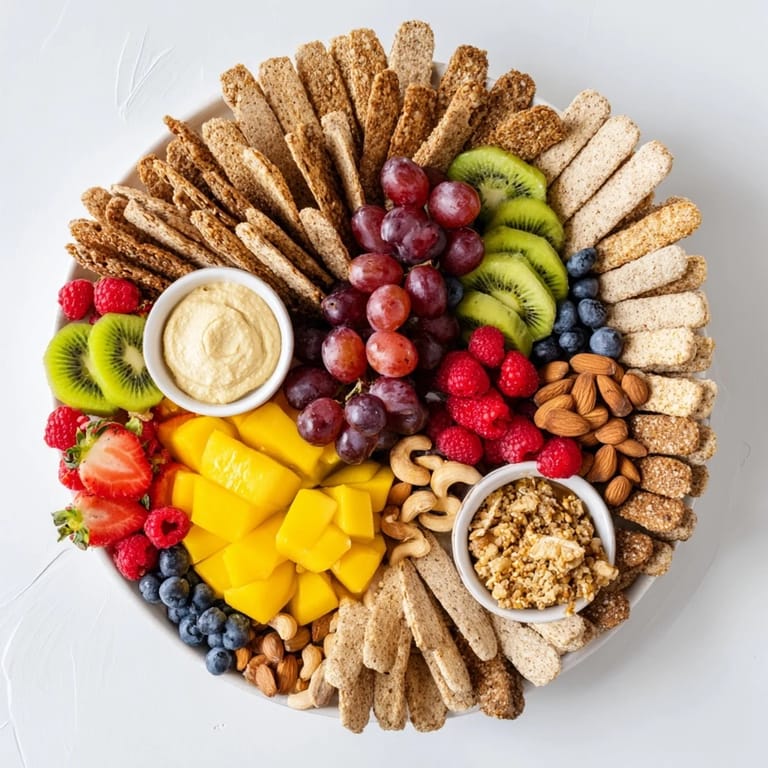 Colorful "Hidden Oasis" platter with juicy fruits, nuts, and a delightful mix of dips.