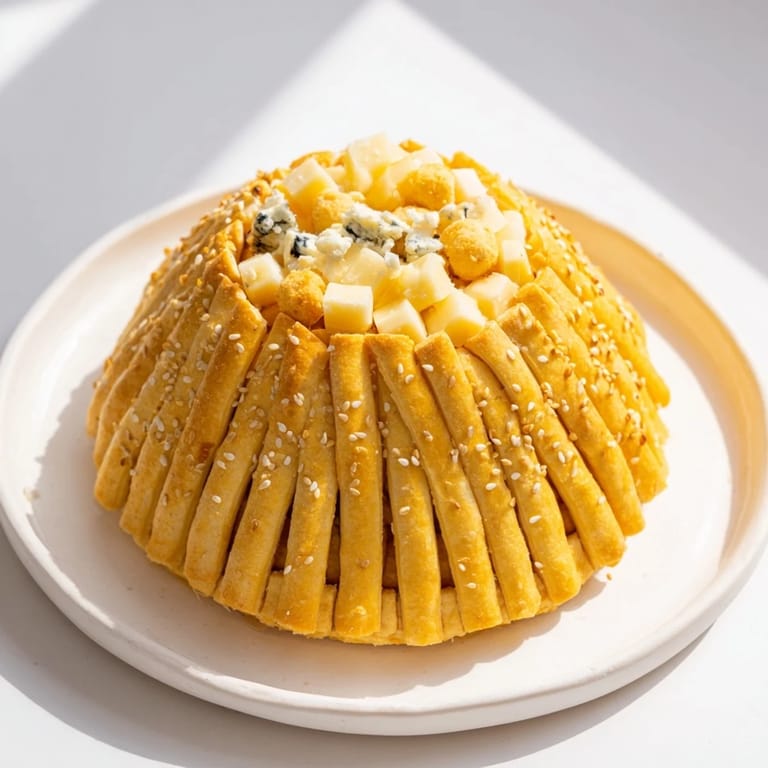 A beautifully crafted Gilded Cage appetizer showcasing golden, crispy breadsticks and a colorful cheese selection.