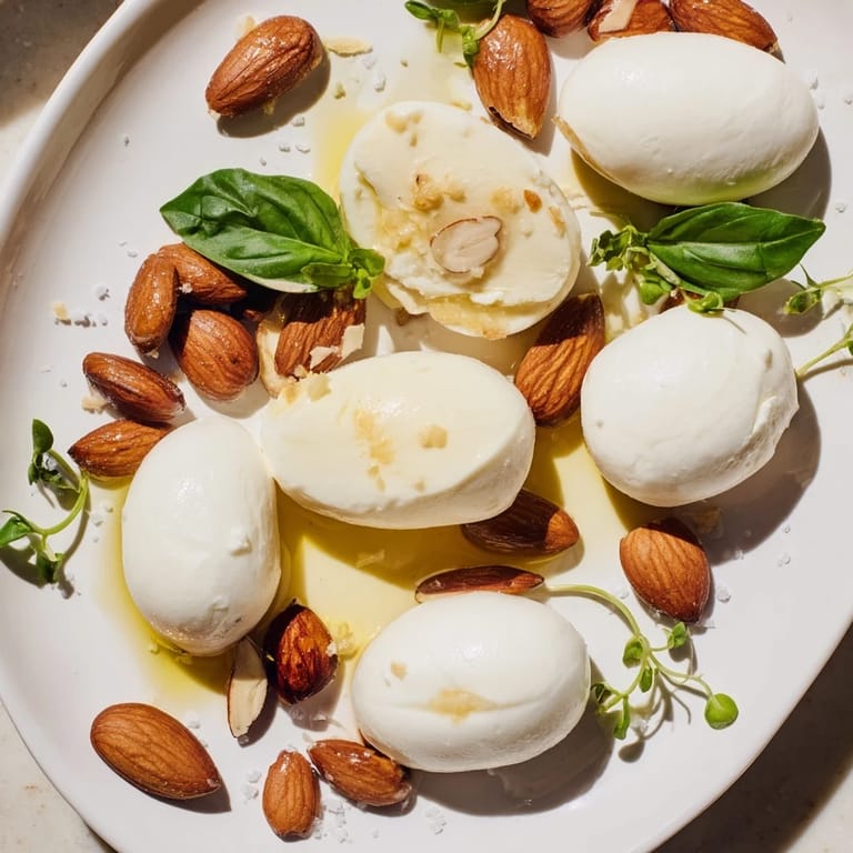 A close-up of The Polished Pebble: oval cheeses and golden almonds arranged on a serving board.
