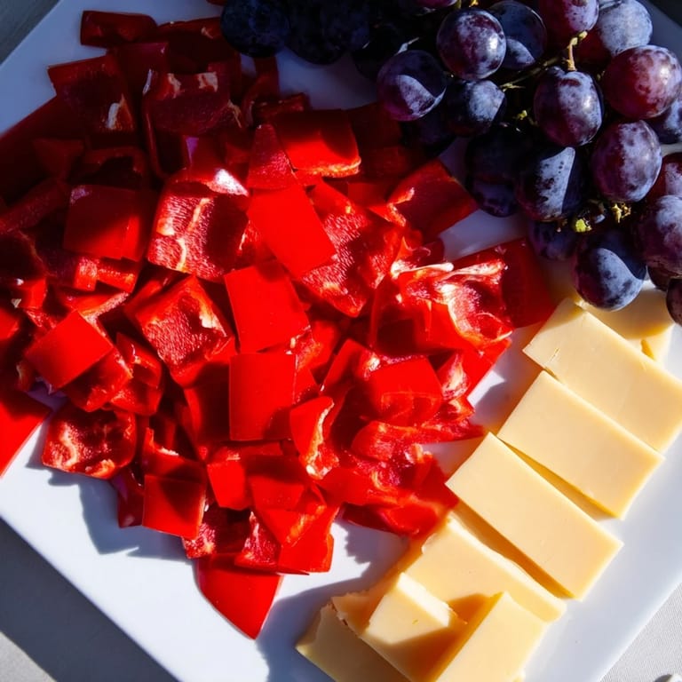 A visually striking Bauhaus Block made with colorful bell peppers, cheese, and grapes, arranged on a platter.