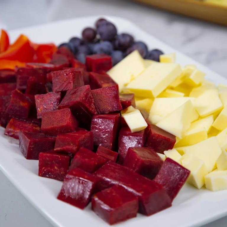 Freshly prepared Bauhaus Block, a vegetarian appetizer with artistic flair, ready to be enjoyed with friends.