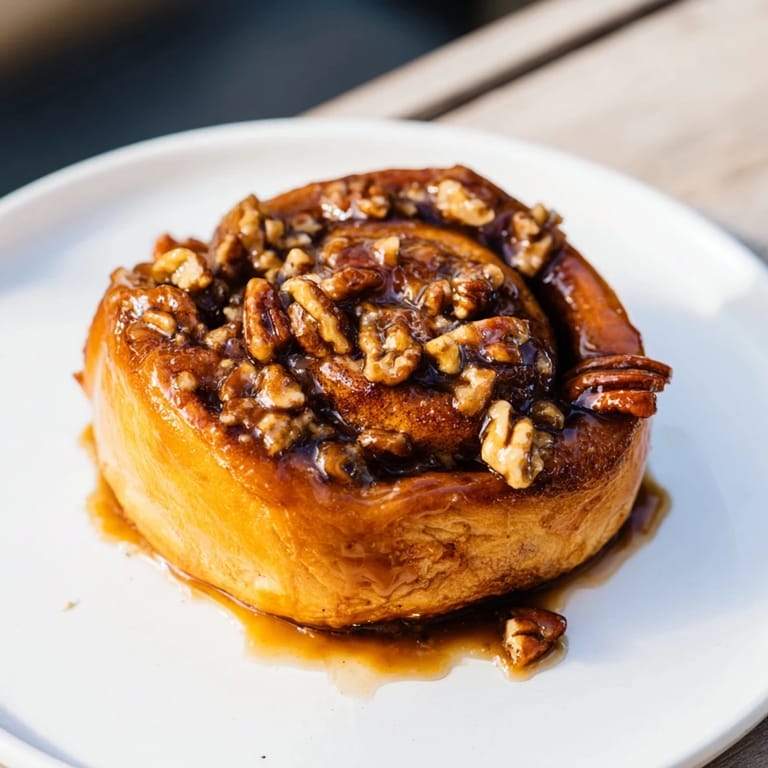 A close-up of freshly baked Pecan and Honey Sticky Buns, inviting you with their sweet, sticky goodness.