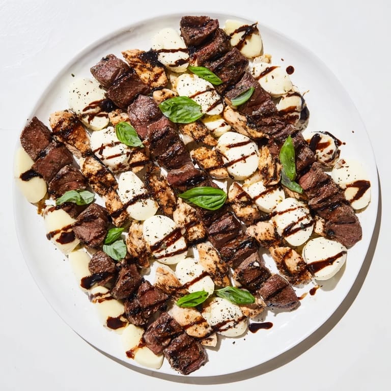 Beautiful Safari Stripes appetizer arrangement: alternating strips of beef, chicken, mozzarella, and feta cheese, ready to serve.