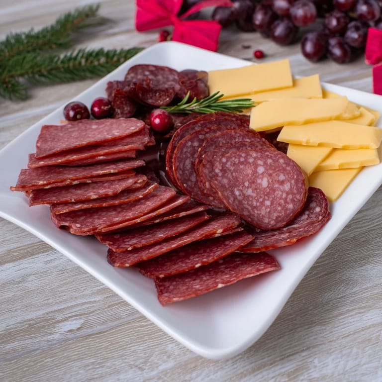 A close-up view of The Crimson Crest; a charcuterie board with vibrant red meats and cheeses.