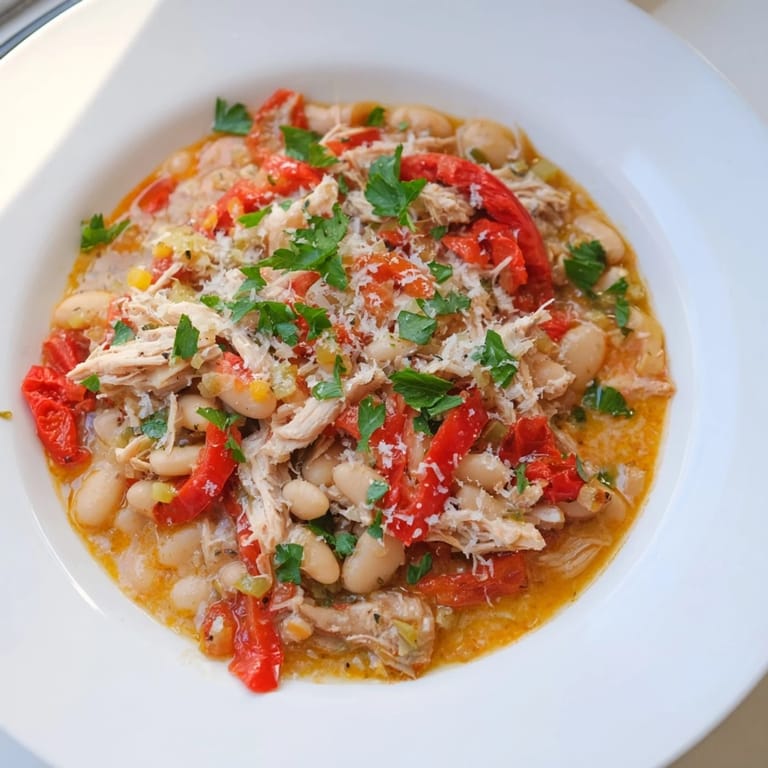 Golden, slightly caramelized white bean and roasted red pepper chicken, perfect for a cozy weeknight dinner; a gluten-free meal.