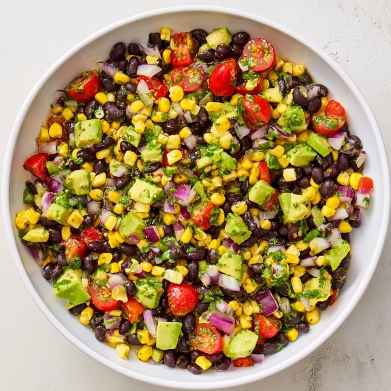 Close-up shot of Southwestern Black Bean and Corn Salad, showcasing the fresh ingredients and bright flavors.