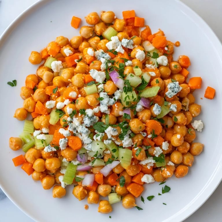 Cool, crunchy veggies accent the spicy buffalo chicken bean salad, a tasty vegetarian meal option.