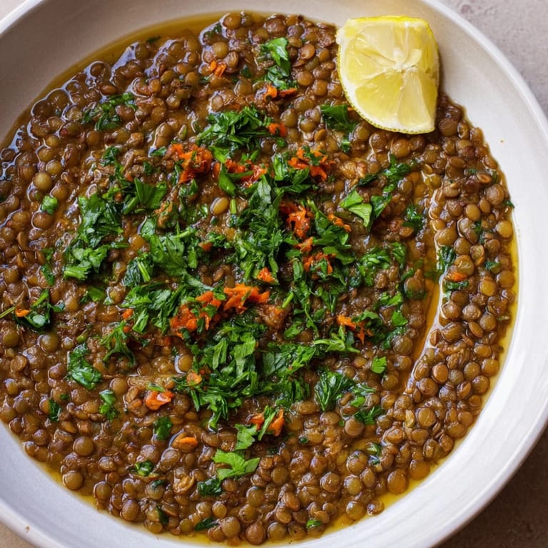 Steaming bowl of delicious Middle Eastern Lentil and Chickpea Stew, perfect with a squeeze of lemon.