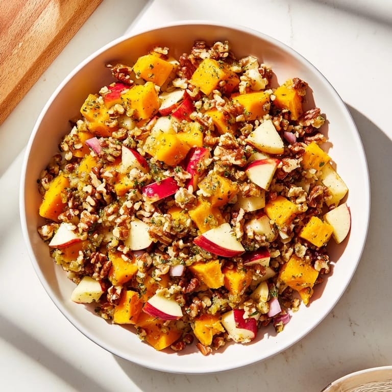 Enjoy a bowl of Fall Harvest Apple and Chickpea Salad, tossed in a honey-mustard dressing, ready to eat.